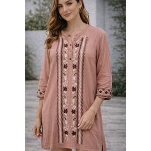 Hidden Alley Linen Shift Dress M Blush Pink Embroidered Pockets Boho Chic
